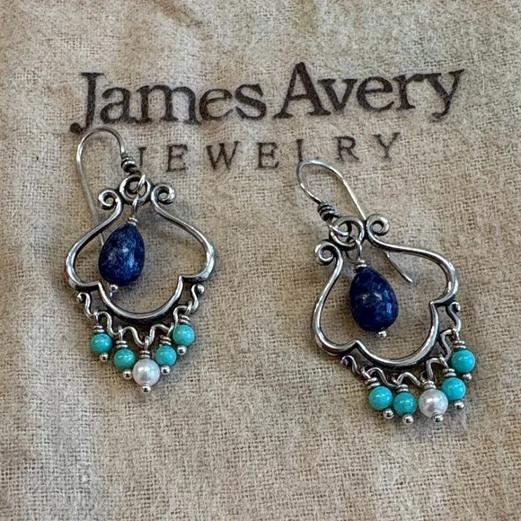 James Avery Blue Lapis, Pearl and Turquoise Dangle Ear Hooks - Picture 2 of 4
